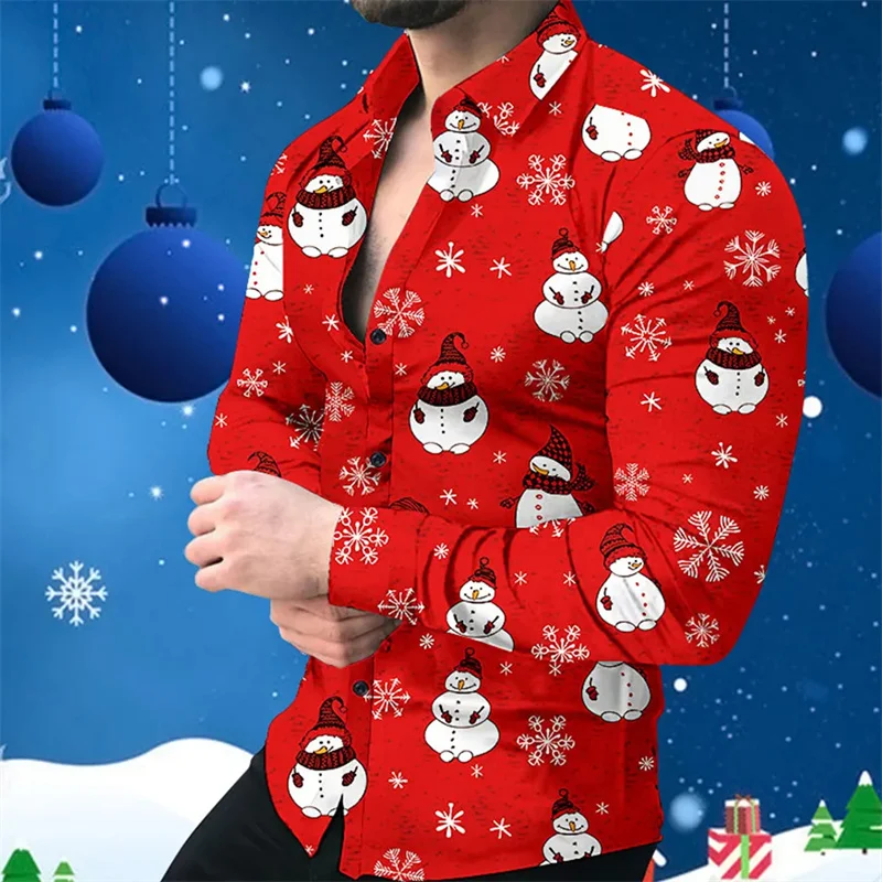 2024 Christmas Long Sleeve Shirt Lapel Men\'s Button Up Shirt Christmas Snowman 3D Printed Men\'s Casual Party Holiday Top 6XL