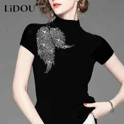 summer new fashion elegant turtleneck short Sleeve T-Shirts women cotton Rhinestone Slim Pullovers Korean style All-match tops