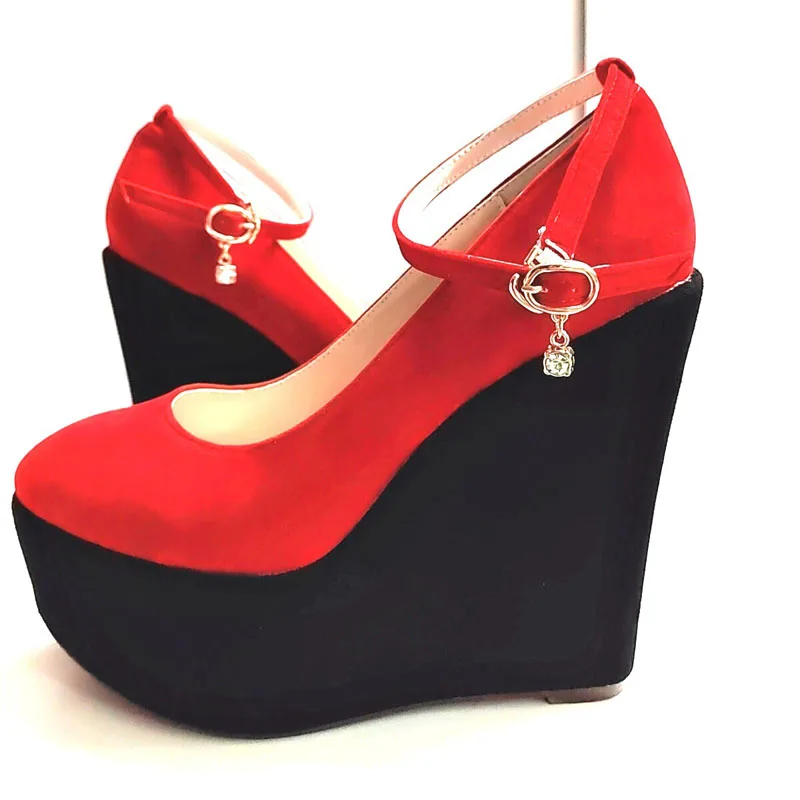 New 2024 Wedges Women Shoes 15 cm High Heels Pumps Red Black Patchwork Design Platform Ladies Shoes Large Size 34-43 WSH5006