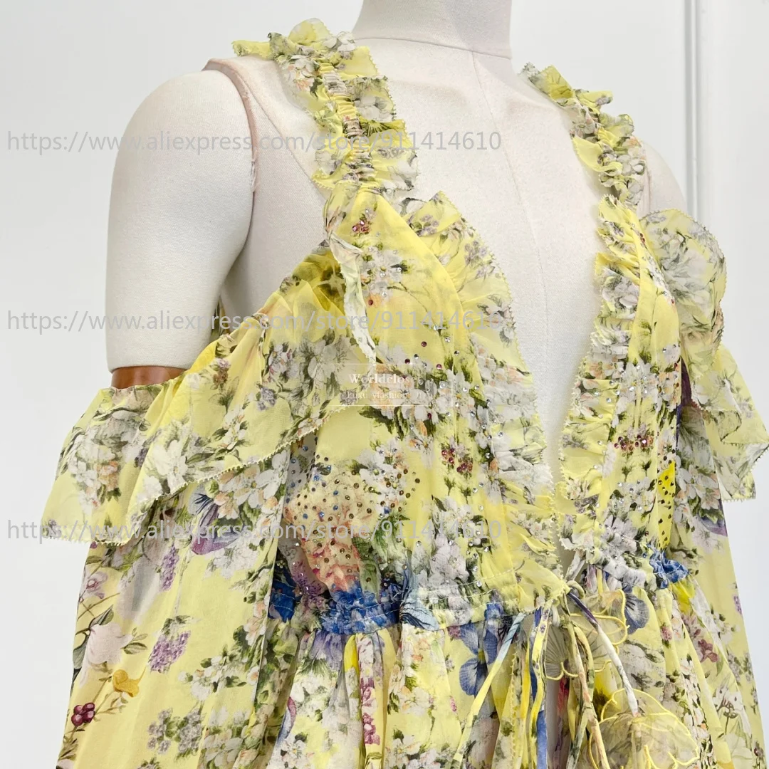 

2026 Yellow Floral Print Sleeveless Diamonds Ruffles Edge Women Blouse Tops and Mini Shorts Set