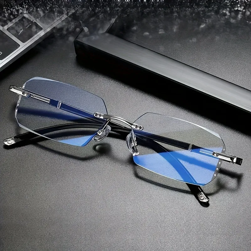 Rahmenlose Anti-Blaulicht-Quadrat-Lesebrille für Männer und Frauen, Modische Neue Anti-Ermüdungs-Lesebrille