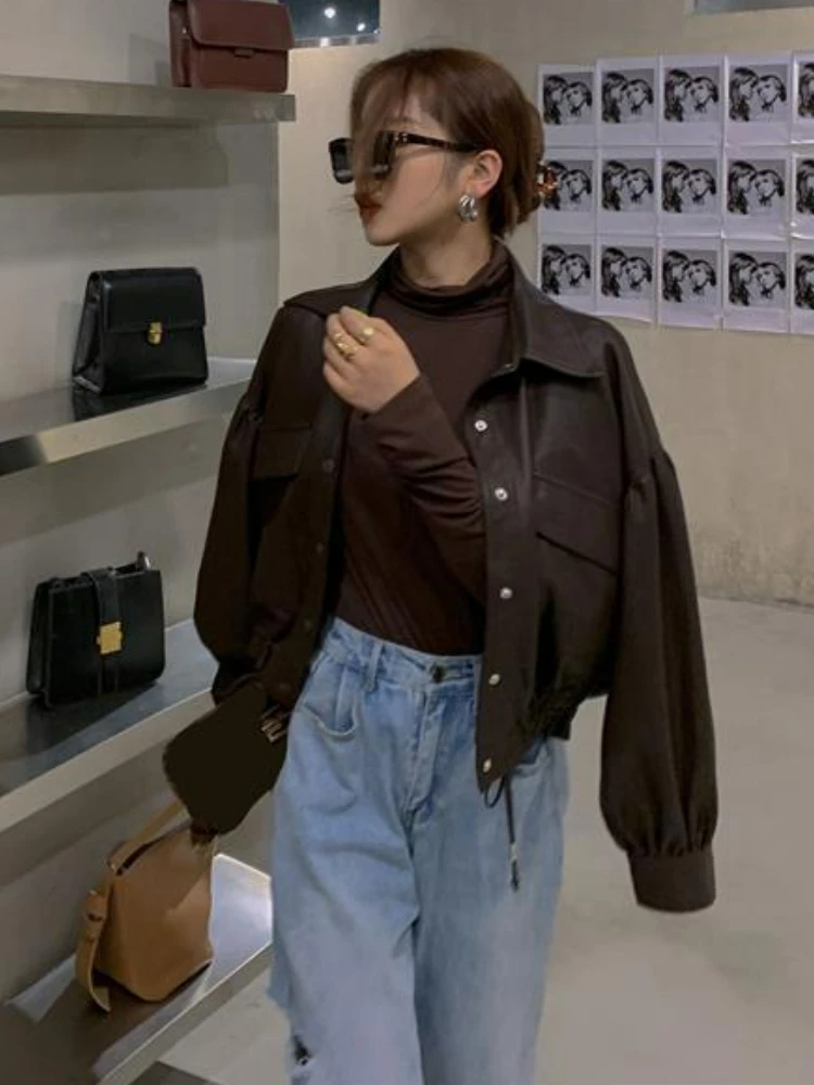 Autumn Vintage Cropped Leather Jacket Women Outwear Loose Thin Biker Jacket Female Korean Style Moto Long Sleeve Top 2022 Summer