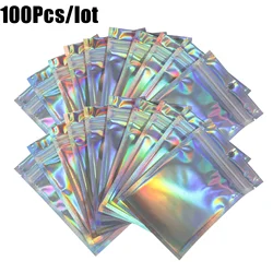 100Pcs Iridescent Zip lock Bags Pouches Cosmetic Plastic Laser Iridescent Bag Holographic Makeup Ba gs Hologram Zipper Ba g