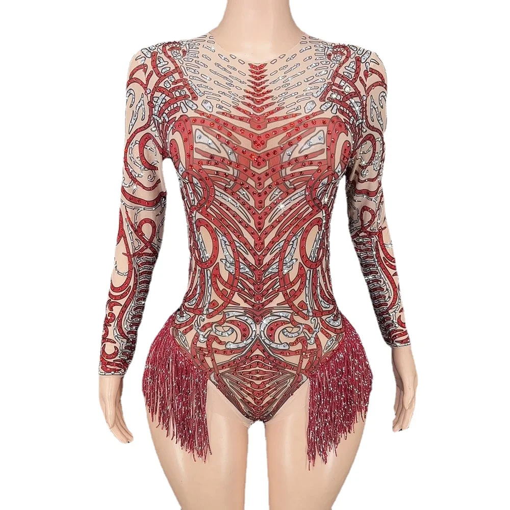 

Sparkly Rhinestones Fringes Dance Leotard Sexy Mesh Perspective Tassel Bodysuit Singer Dancer Stage Wear Performance Costume