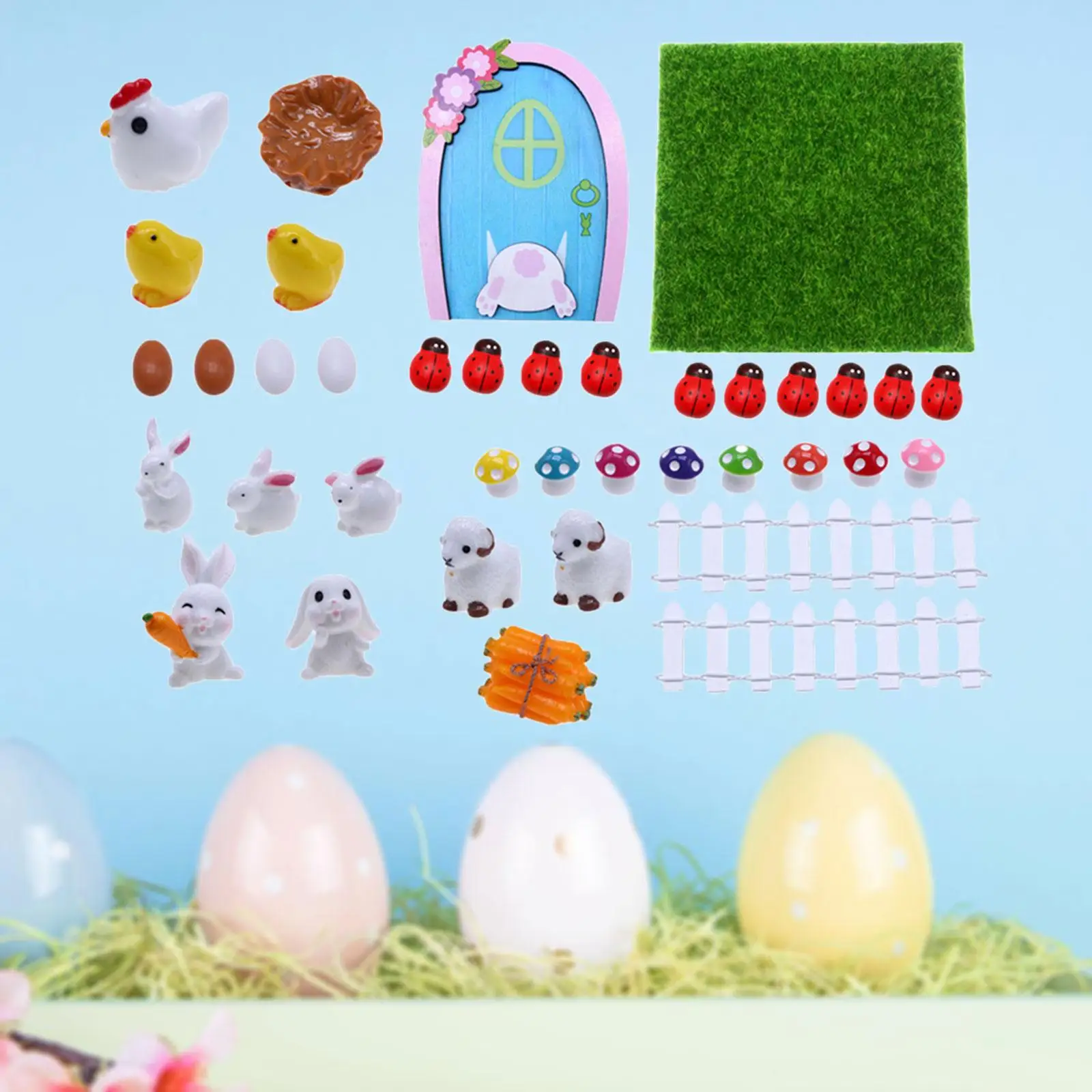 

1:12 Dollhouse Easter Decoration , Sheep, Chick, Eggs, Fence, Door and Lawn Fairy Figurines for DIY Crafts Decor Furniture