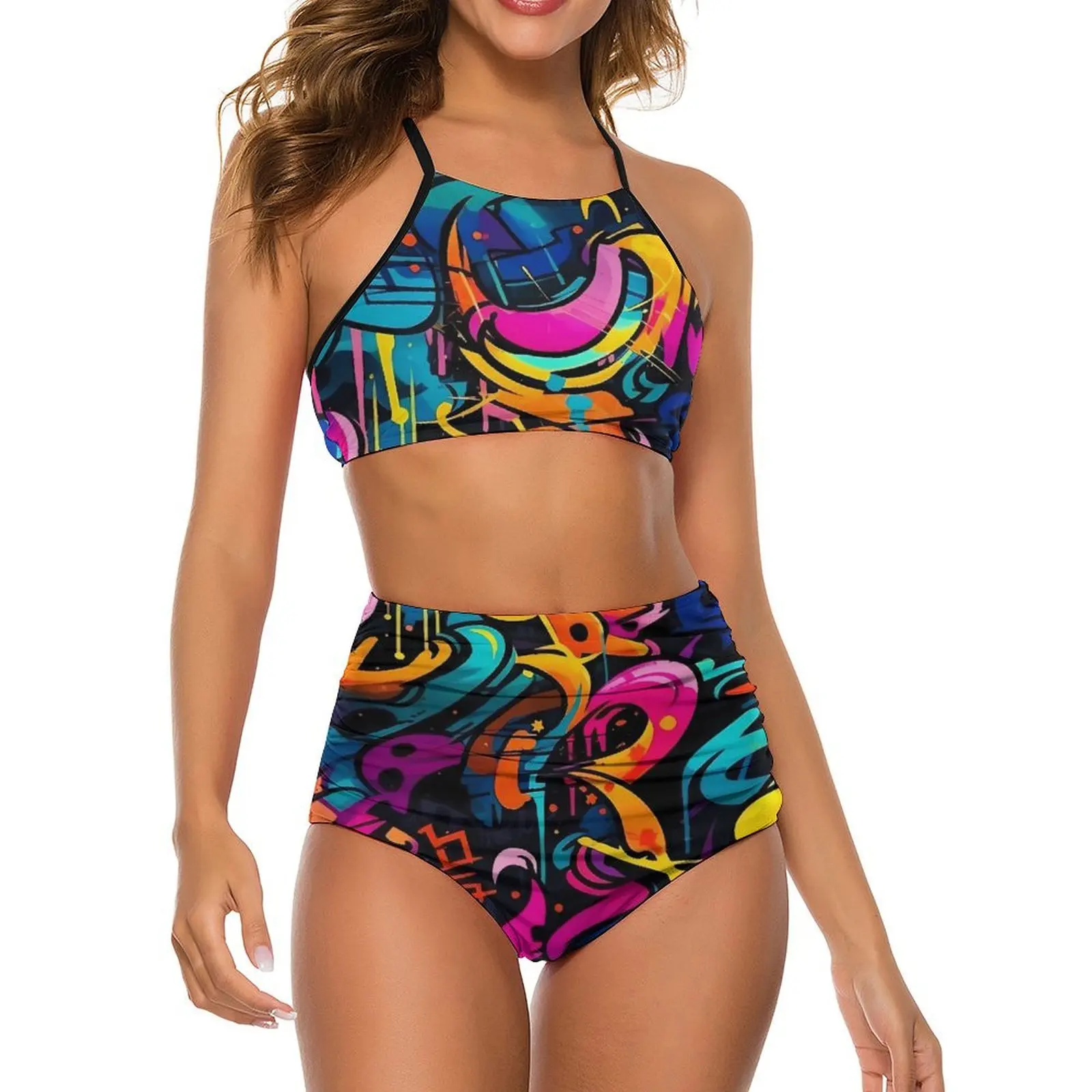 

Colorful Graffiti Bikini Swimsuit Abstract Art High Waisted Swimwear Women Sexy Stylish Fitness Bikinis Set Push Up Biquinis