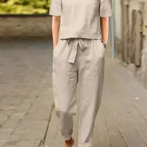 زنزيا الصيف النساء قصيرة الأكمام بلوزة الحريم السراويل مجموعات 2 قطعة الصلبة بدلة رياضية مجموعات من قطعتين فضفاضة Outifit عارضة مطابقة مجموعات أفضل 12 مجموعة اجتماعية للمبيعات والبلوزات - No3