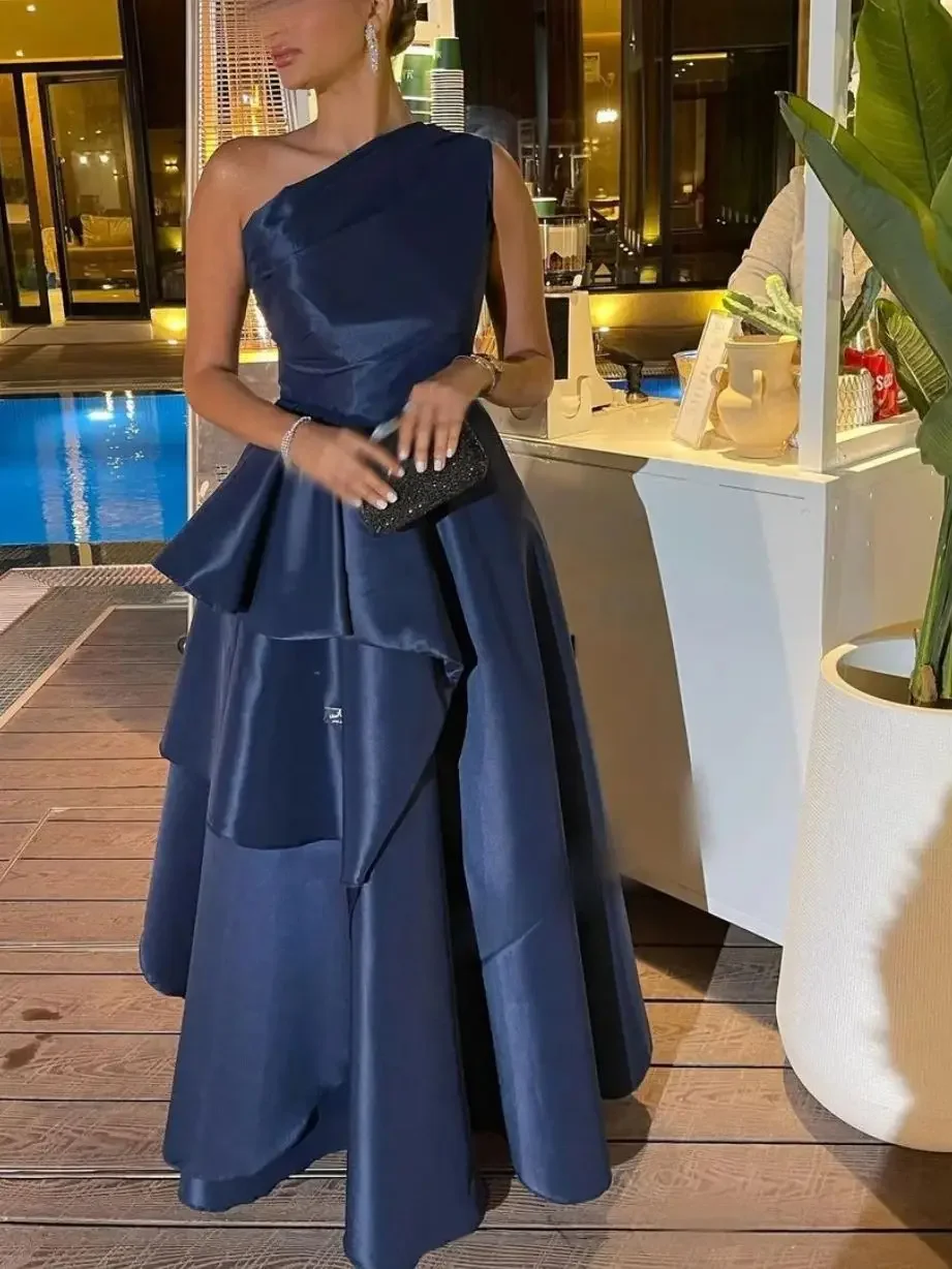 Elegant Navy  One Shoulder Muslim Evening Dresses Long Taffeta A Line Robe de soirée Party Gown for Women