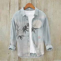 Linen long-sleeved shirt Bamboo Moon series Magnolia pattern men's casual loose and comfortable lapel printed shirt