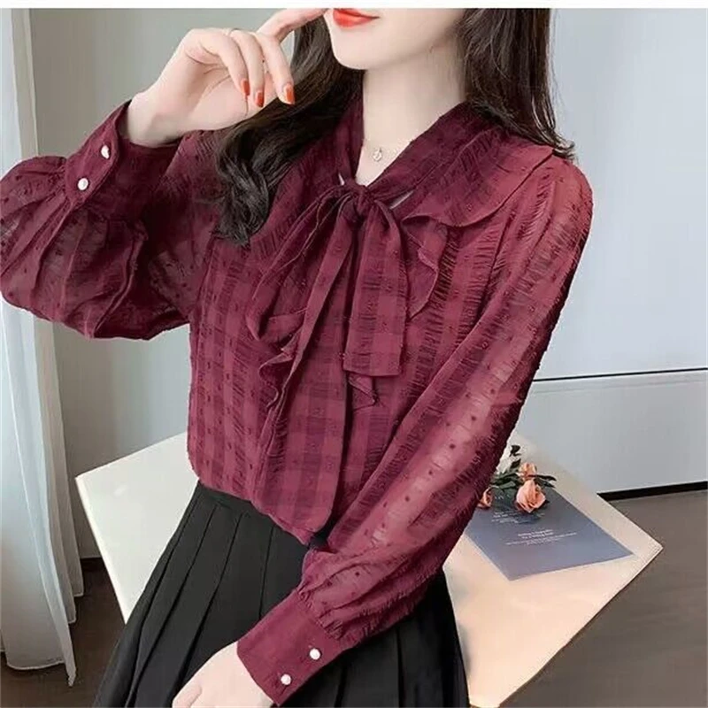 Women Korean Ruffles Lace Up Elegant Blouses Autumn Office Lady Casual Shirts Solid Long Sleeve Loose Tops Blusa Mujer Moda 2023