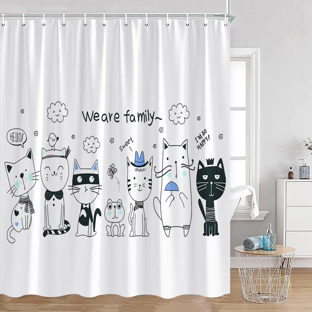 Cartoon Animals Kid Shower Curtains Hand-painted Simple Line Cute Cats Bathroom Decorations Kids Children Bath Curtains for Home