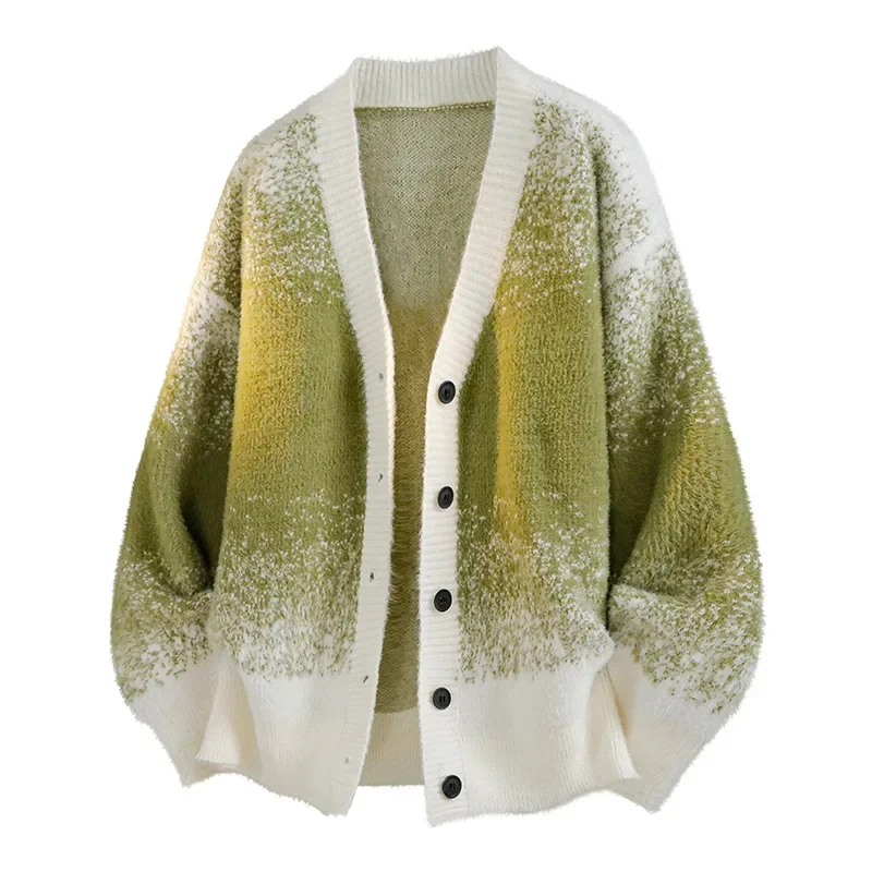 

Men's Knitted Cardigan Coat with Otter Fur Collar Gradient Lazy Style Couple Outerwear Sweater Winter Casual V-Neck