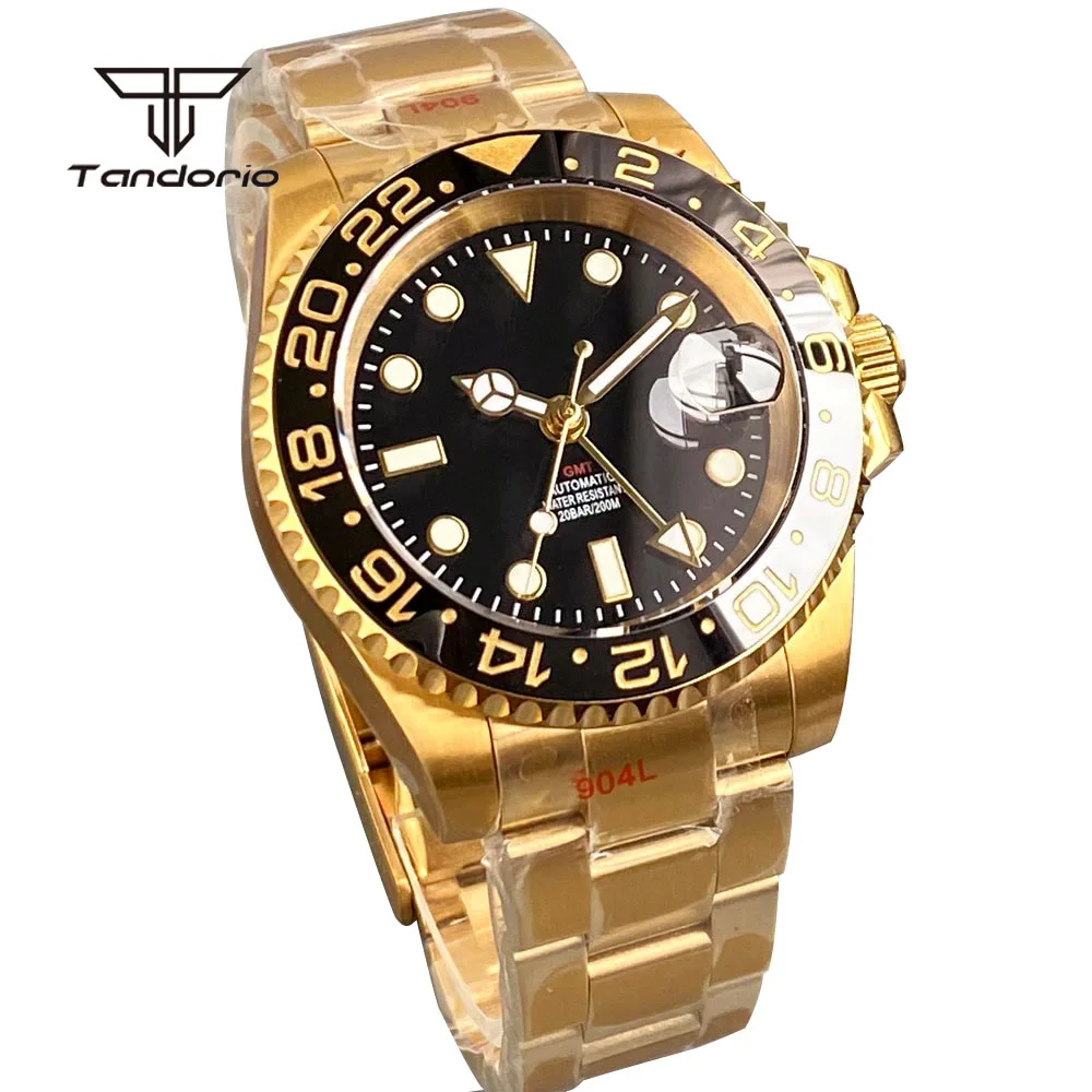 Tandorio GMT Automatic NH34 Gold Coating Dive Watch for Men 24H Bezel Sapphire Date 316L Stainless Steel Wristwatch Glide Clasp