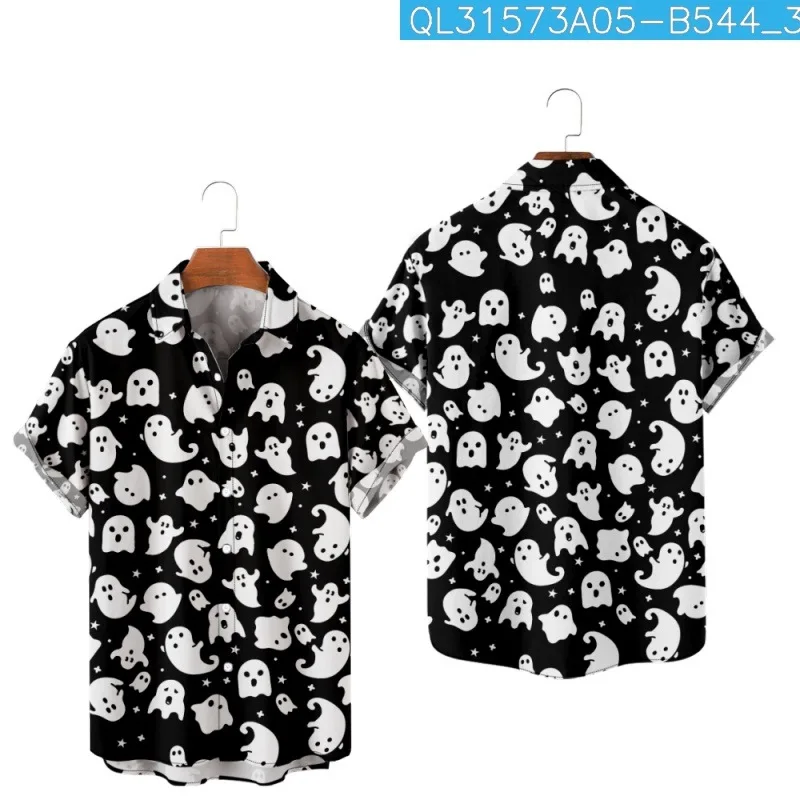 

Summer White Cartoon Ghost Printed Black Casual Men Vintage Loose Short Sleeve Beach Shirt Hawaiian Streetwear