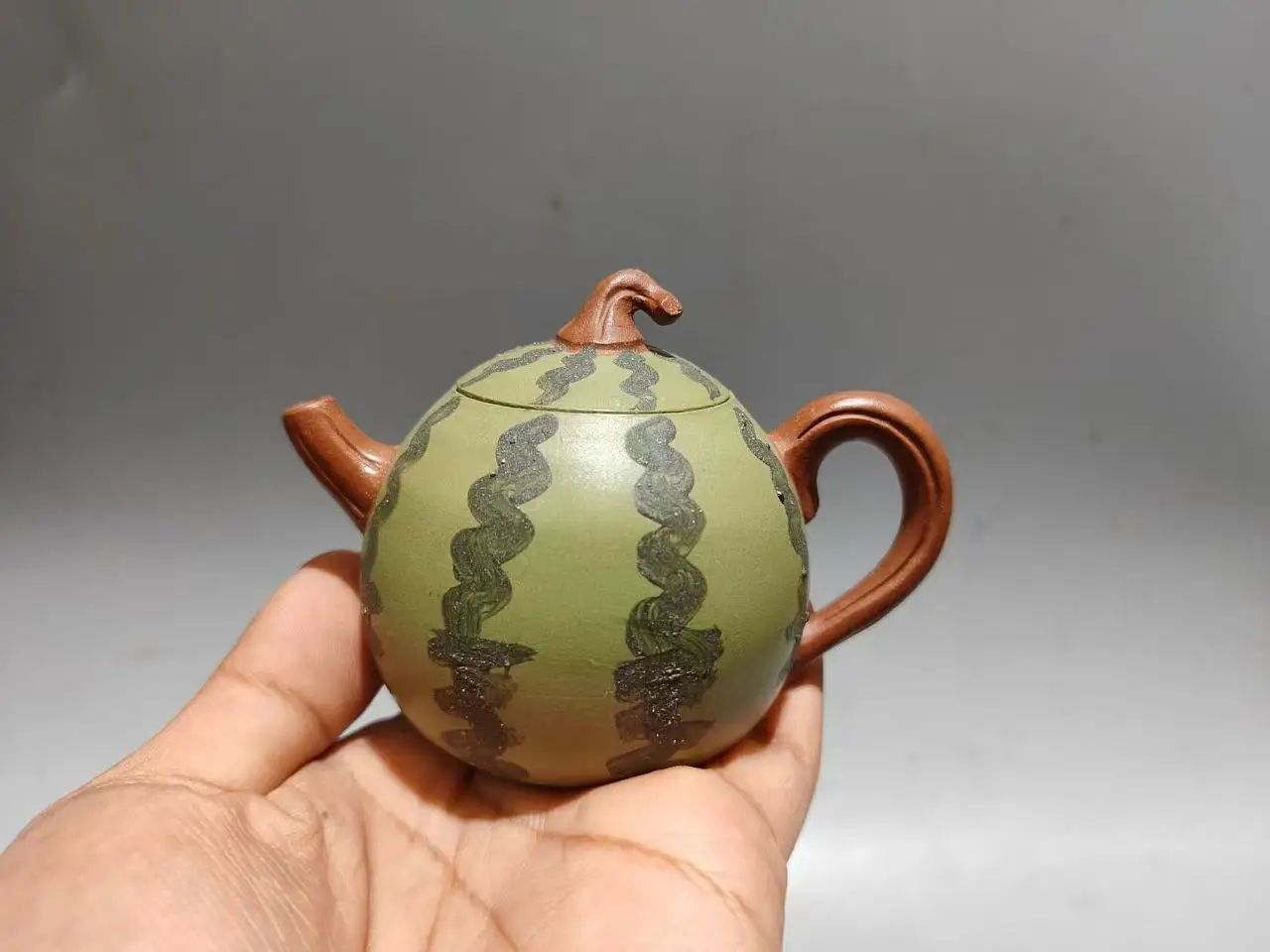 Old Chinese Handicraft Enameled YiXing Zisha (red stoneware) Teapot,The shape of watermelon, with mark, Free shipping