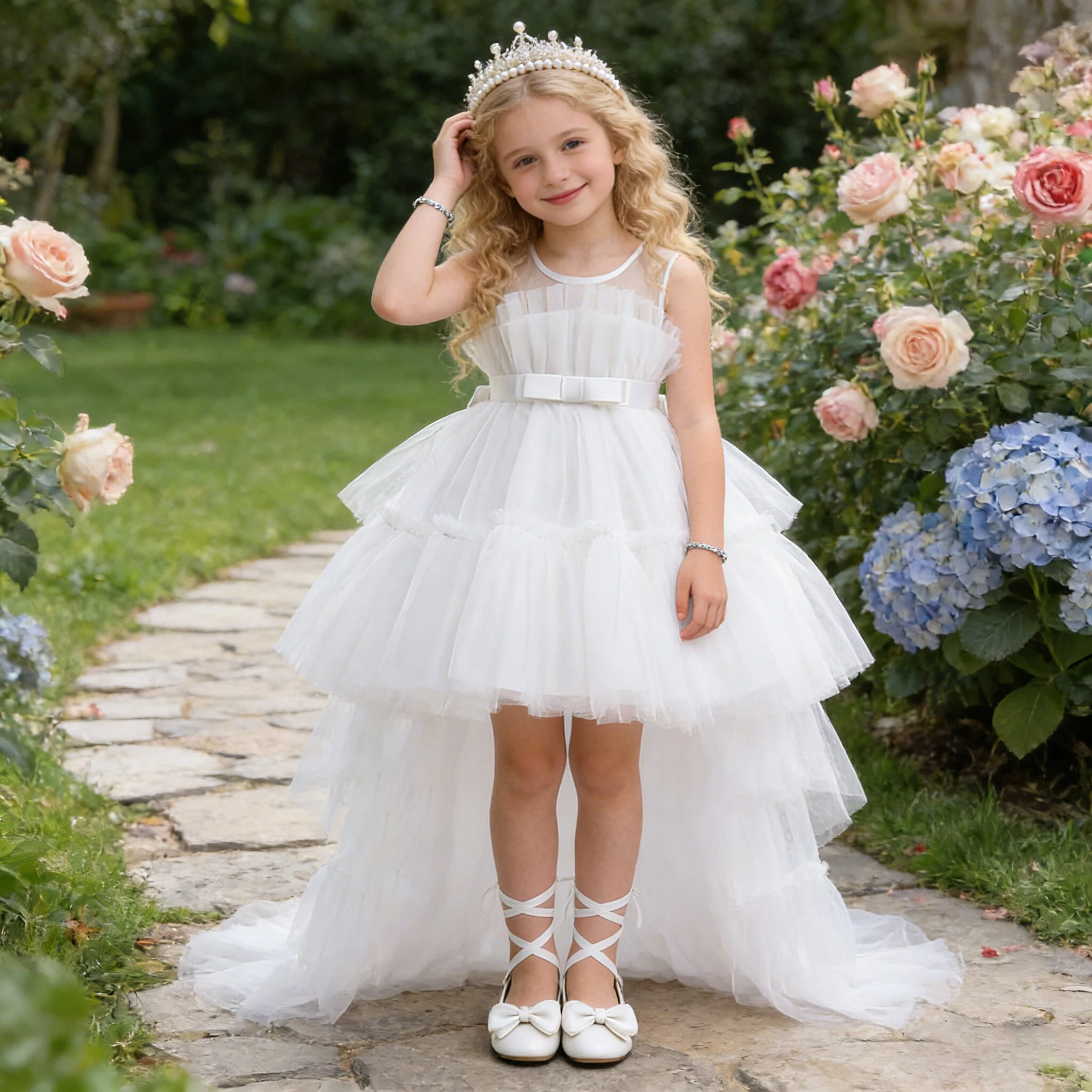 Summer Baptism Bridesmaids Party Baby Girls Dresses Tulle Trailing Wedding Birthday Princess Dress Girl Bow First Communion Gown