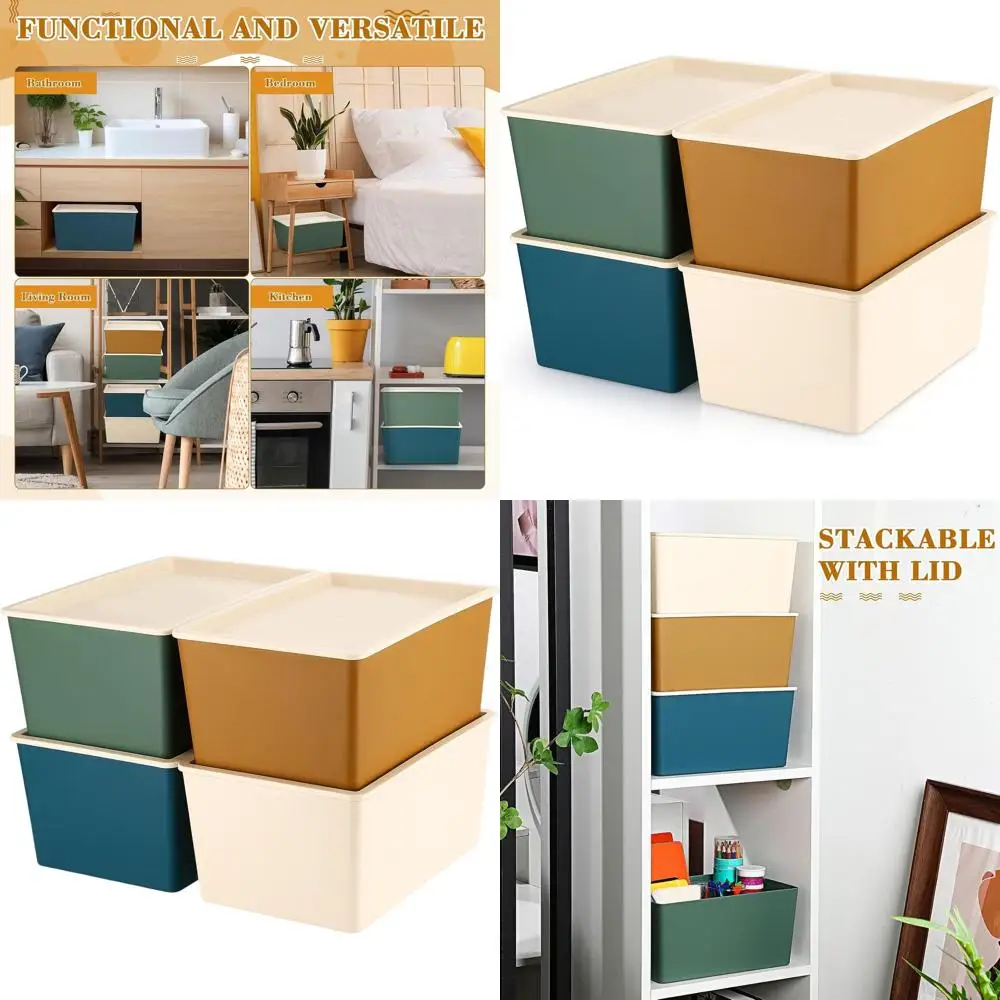 

Набор из 4 штабелируемых пластиковых контейнеров для хранения с крышками, большие, разные цвета