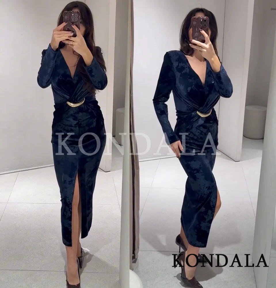KONDALA Elegantes Samt-Abendkleid mit V-Ausschnitt, dunkle Saphirfarbe, Midi-Partykleid für Damen, 2026, Winter, Frühling, Damen-Abendkleid