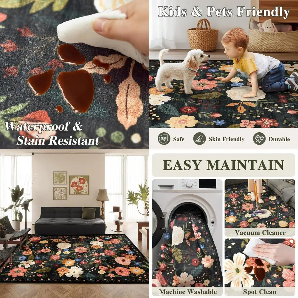 

8x10 Floral Washable Area Rug, Non-Slip, Non-Shedding, Soft Low Pile for Living Room, Bedroom, Dining Room, Playroom