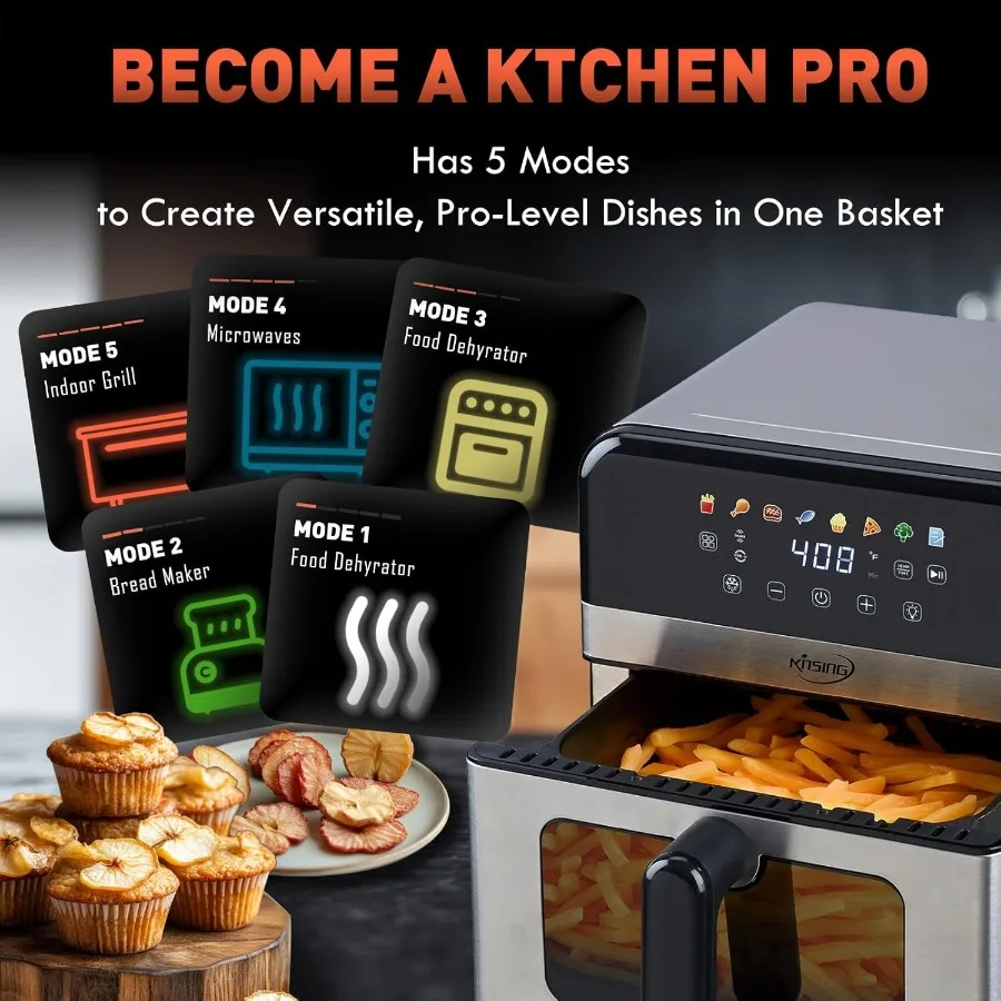 مقلاة هوائية مع نافذة مرئية 8 في 1 مدمجة كبيرة الحجم 7.5 كيو تي ما يصل إلى 85 زيت أقل لتحميص الخبز والتجفيف وإعادة تسخين الأطعمة المجمدة