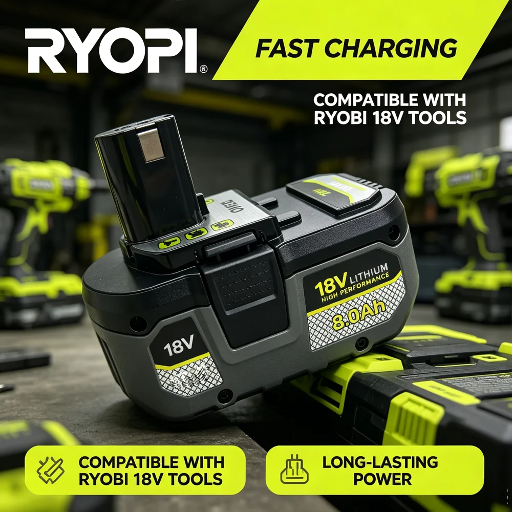 

RYOBI 18V 6.0Ah Replacement Lithium Ion Battery, Low Self-Discharge High Efficiency Power Supply RYOBI Drill Saw Cordless Tools