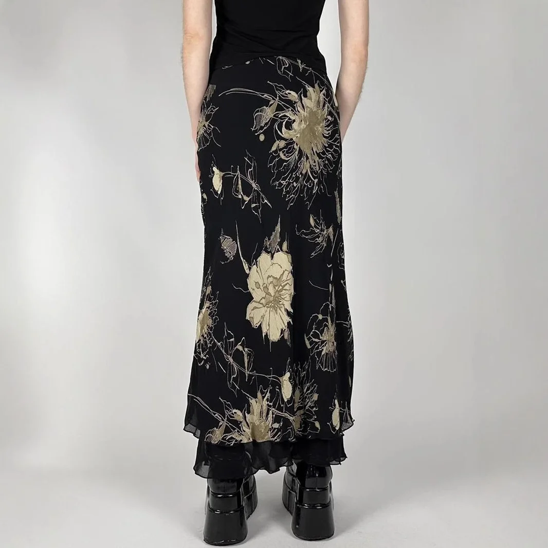 Goth foncé Y2K esthétique Double couche maille a-ligne jupe femmes mode fleurs imprimer jupes minces fée Streetwear gothique bas