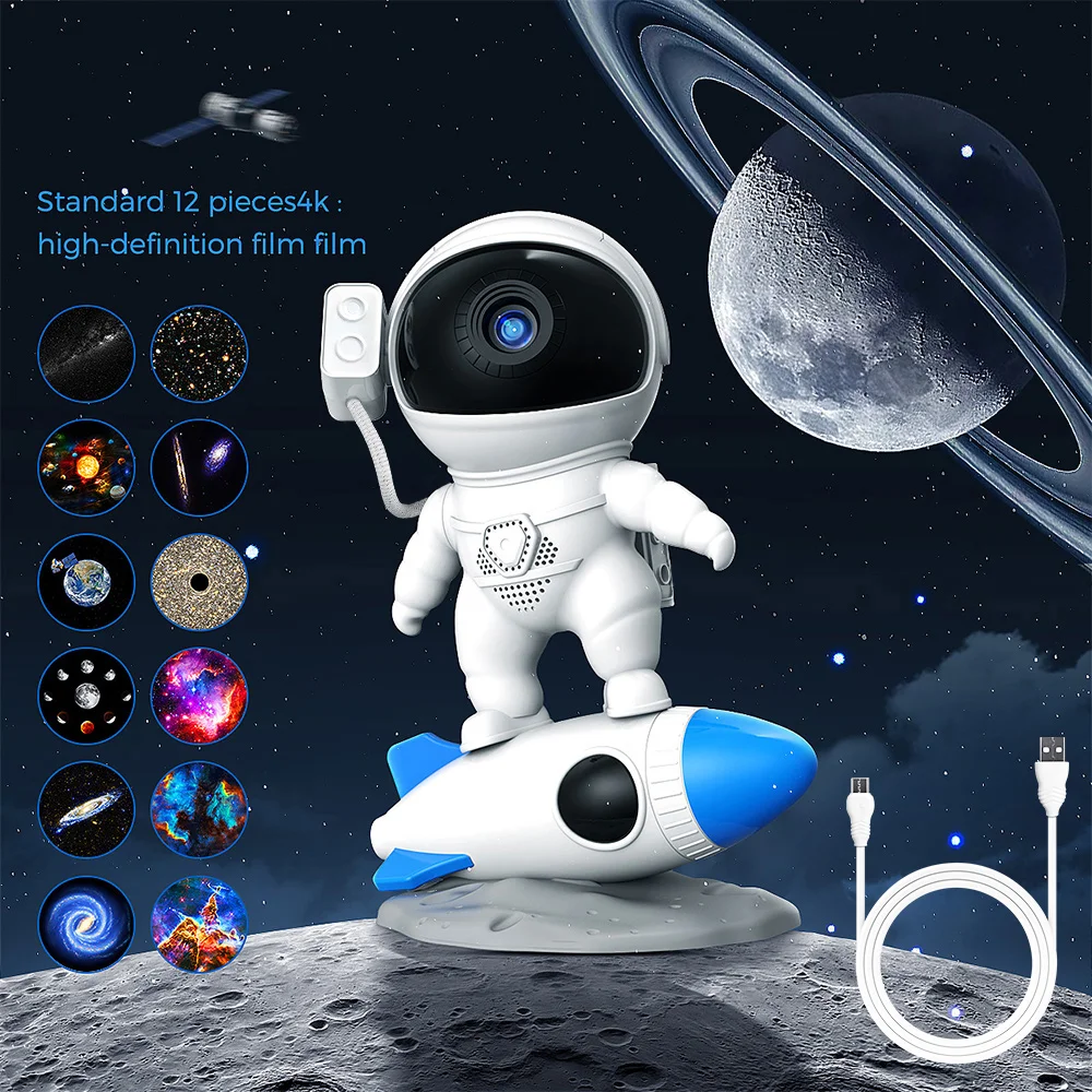 

Rocket Astronaut Galaxy Projector Night Light, Lamp And 13 Pieces Of Movie Sky Projector, 360° Rotation, Home Planetarium, Room