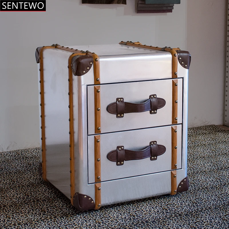 Sentewo Retro Industrial Aviator Bedside Table Aluminum Nightstand Table With Drawers Bedroom Furniture Vintage Side Table