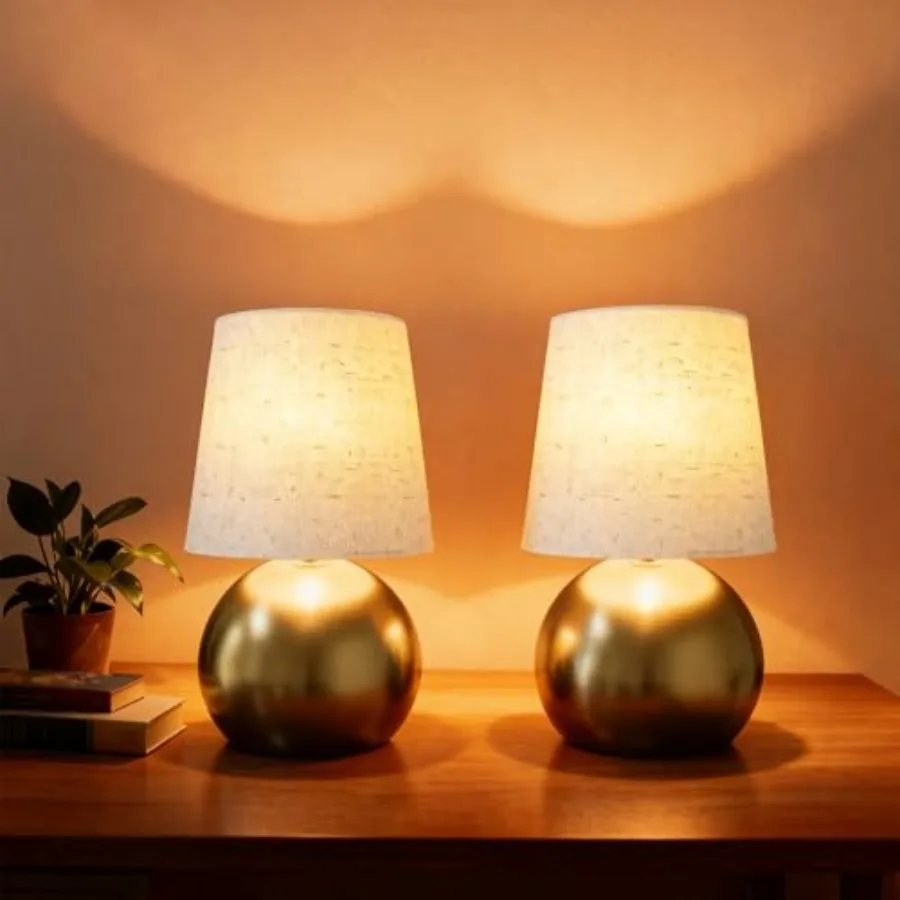 

Set of 2 Small Gold Spherical Base Bedside Table Lamp with Textured Linen Shade Bulb Included