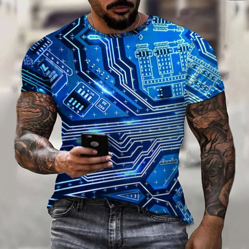 Electronic Chip Electronic Technology Men's 3D Printing Summer Men's T-Shirt Street Short Sleeve Oversized Sportswear Top