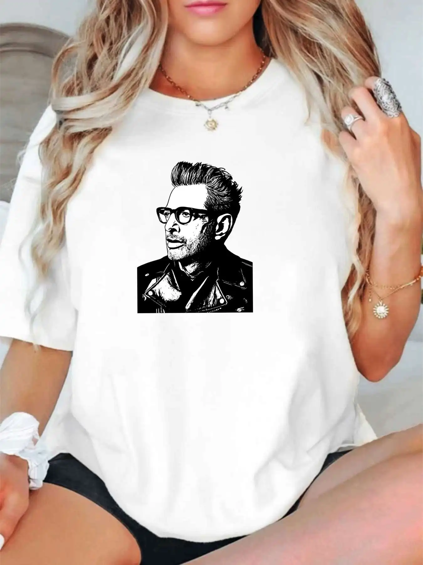 

【1024648】 Plus size women's round neck short sleeve T-shirt with elastic half sleeves and trendy prints