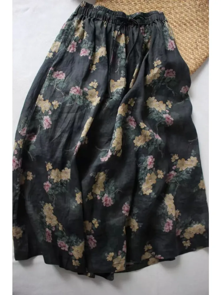 

Summer Ramie Do Old Pattern Print Elastic Waist Skirt Female Soft and Thin Linen Vintage Women Long Skirt