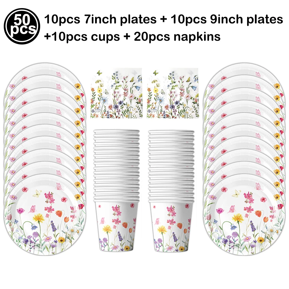 Spring Wildflower Tableware Girl Birthday Table Decorations Paper Plate Cup Napkin Cake Decor Butterfly Floral Baby Shower Party