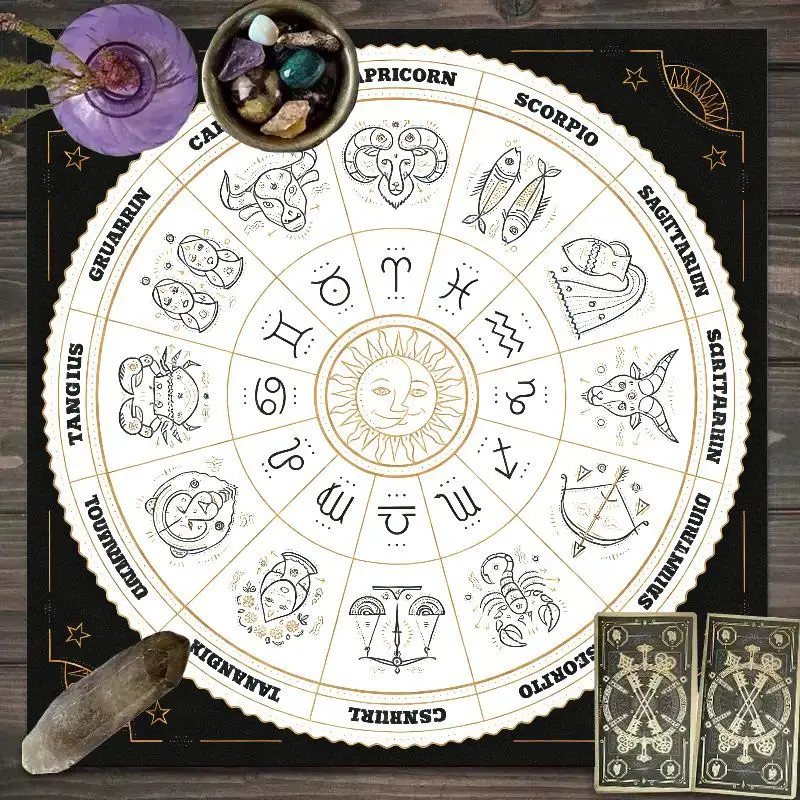 VIKAMA 12 Zodiac Wheel Tarot Cloth Black Witch Altar Mat Astrology Divination Mat Oracle Card Crystal Grid Ritual Decor