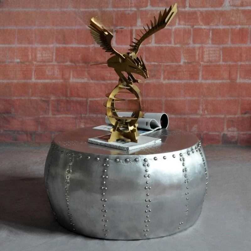 

Metal aluminum leather rivets personalized round coffee table LOFT industrial style round drum coffee table retro cafe tea table