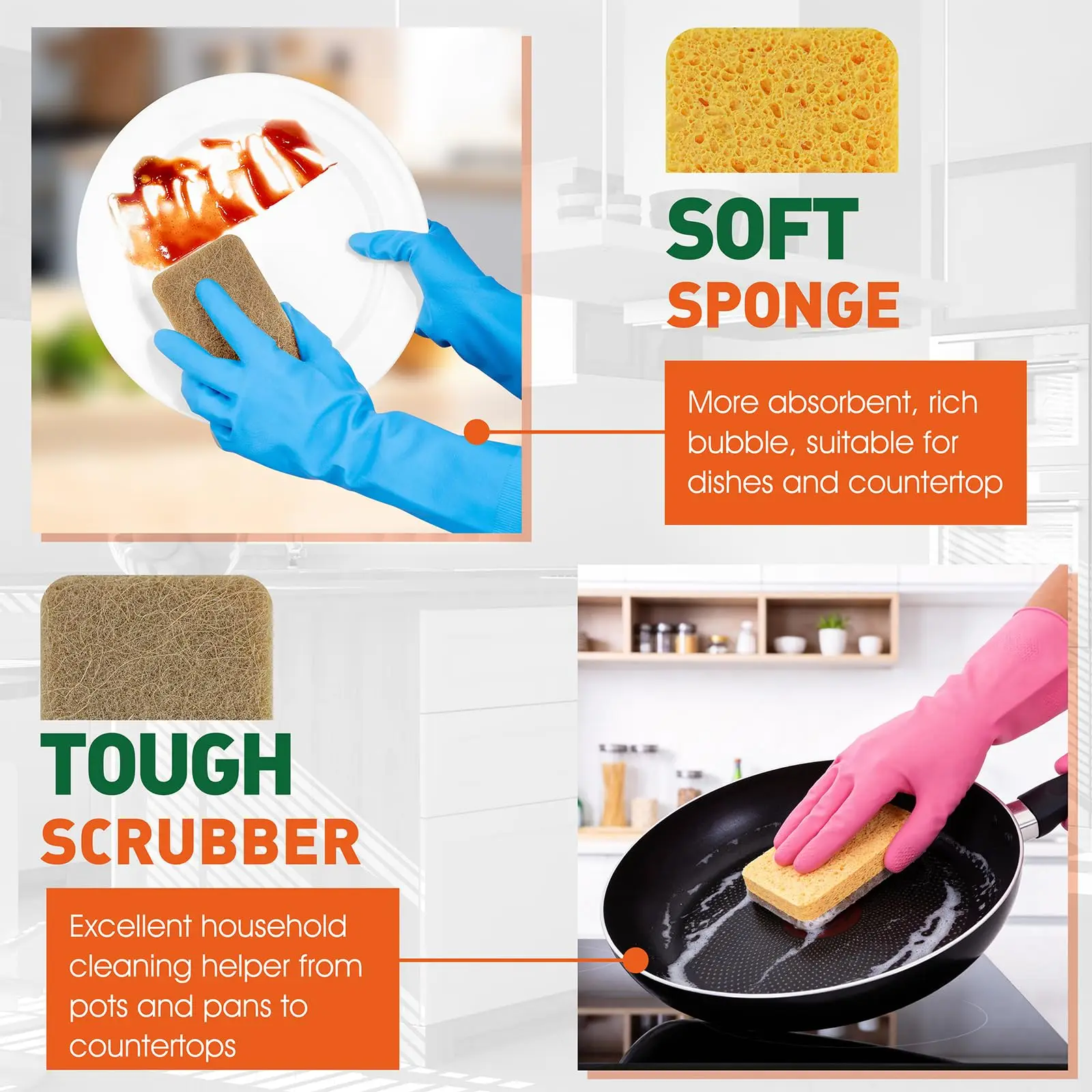6 Pack Eco Friendly Kitchen Sponges, Compostable & Biodegradable Washing Up Sponges, Heavy Duty Scouring Pads, Multipurpose Dish