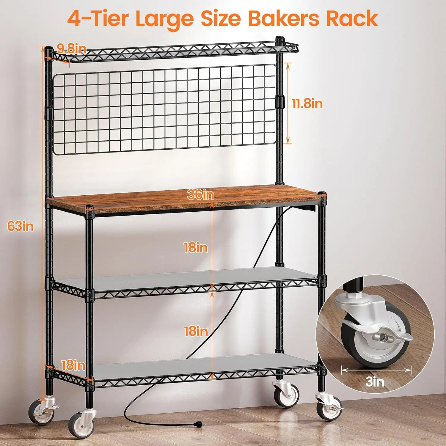 Metal Kitchen Shelf Cart With Wheels Power Outlet Storage Microwave Stand S Hooks Nsf Certified