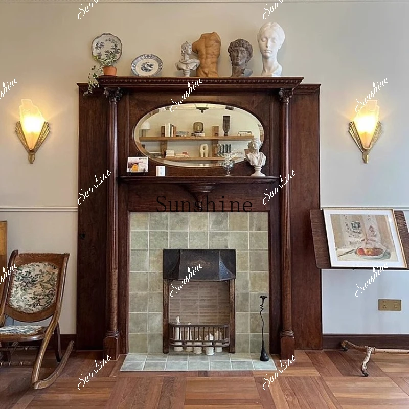 Solid wood old mirror fireplace background wall medieval carved fireplace  TF