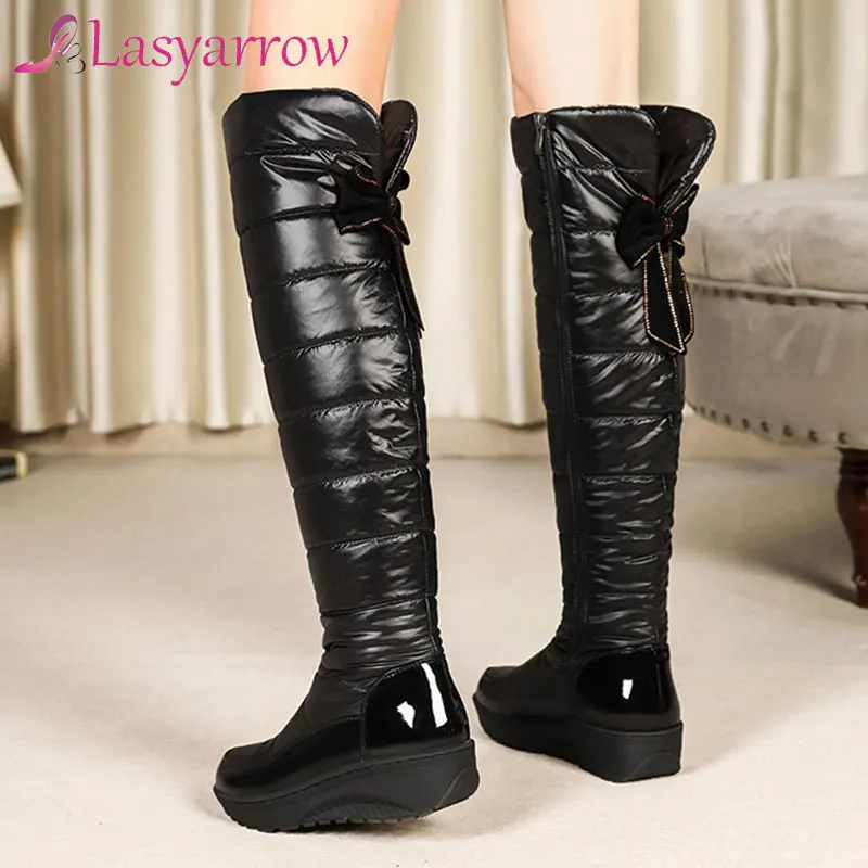 Lasyarrow Winter Warm Over the Knee Snow Boots Women Thick Cotton Padded Down Waterproof Shoes Bow Patchwork Wedge Long Boot