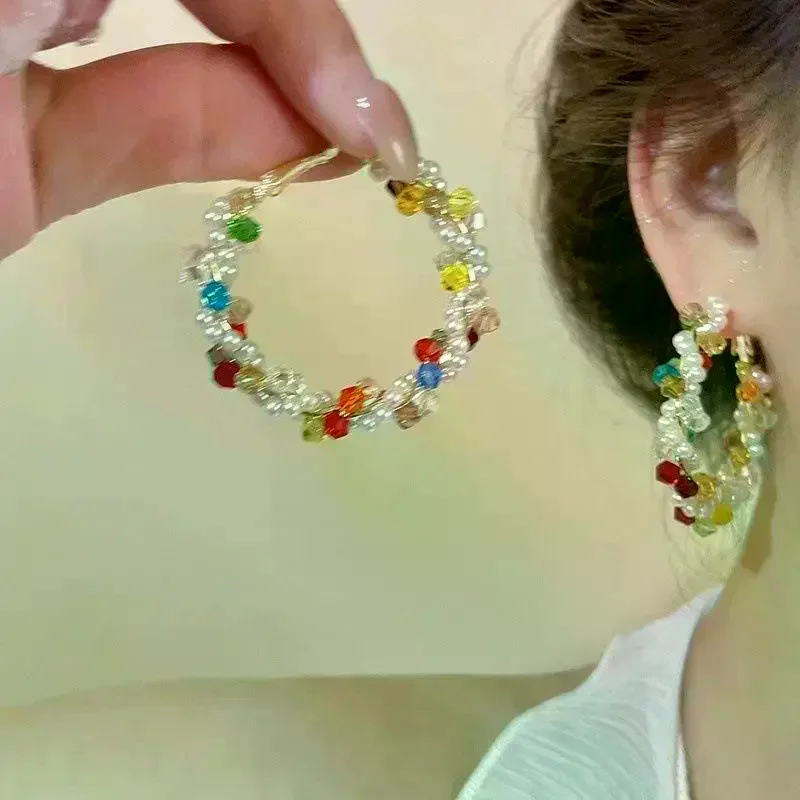 Colorful Dopamine Hoop Earrings For Women New Wrapped Beaded Earcuffs Large Circle Earrings Unique Chunky Threader Ear Jewelry