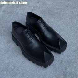 Rhino Horn Platform Real Leather Shoes for Women Black Lace Up Square Toe Fashion Shoes 2024 New Novelty Derby Shoes