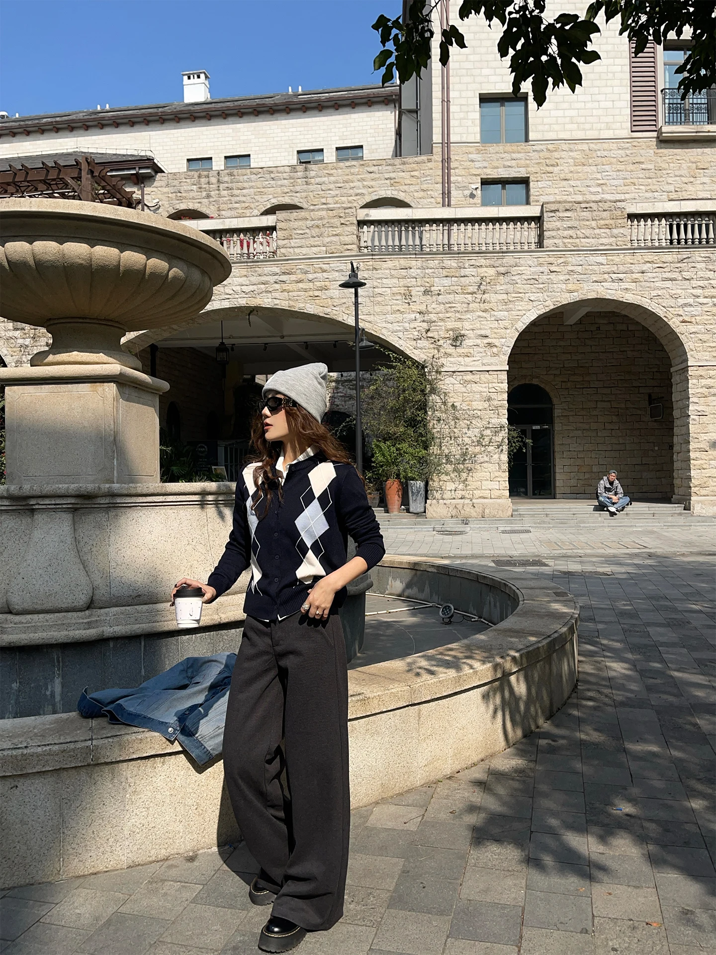 Chuanhe Women's Grey Woolen Wide Leg Pants Side Waist Buckle Design Drapey Loose Fit Casual Floor Length Trousers view 4