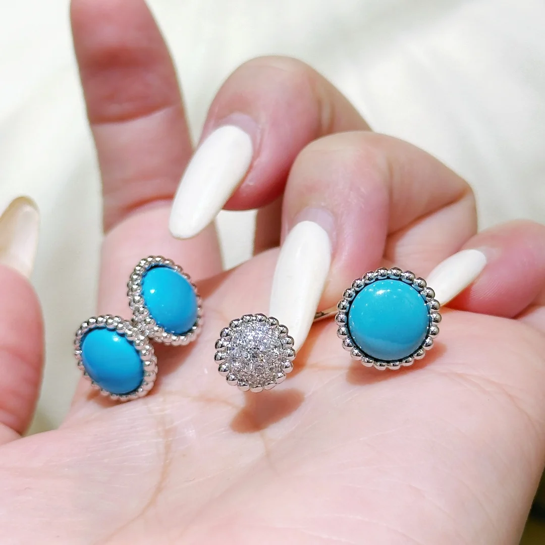 High Grade Luxury 925 Silver Blue Turquoise Round Bead Shaped Open Rings Earrings or Neckalce For Women Party Fine Jewelry