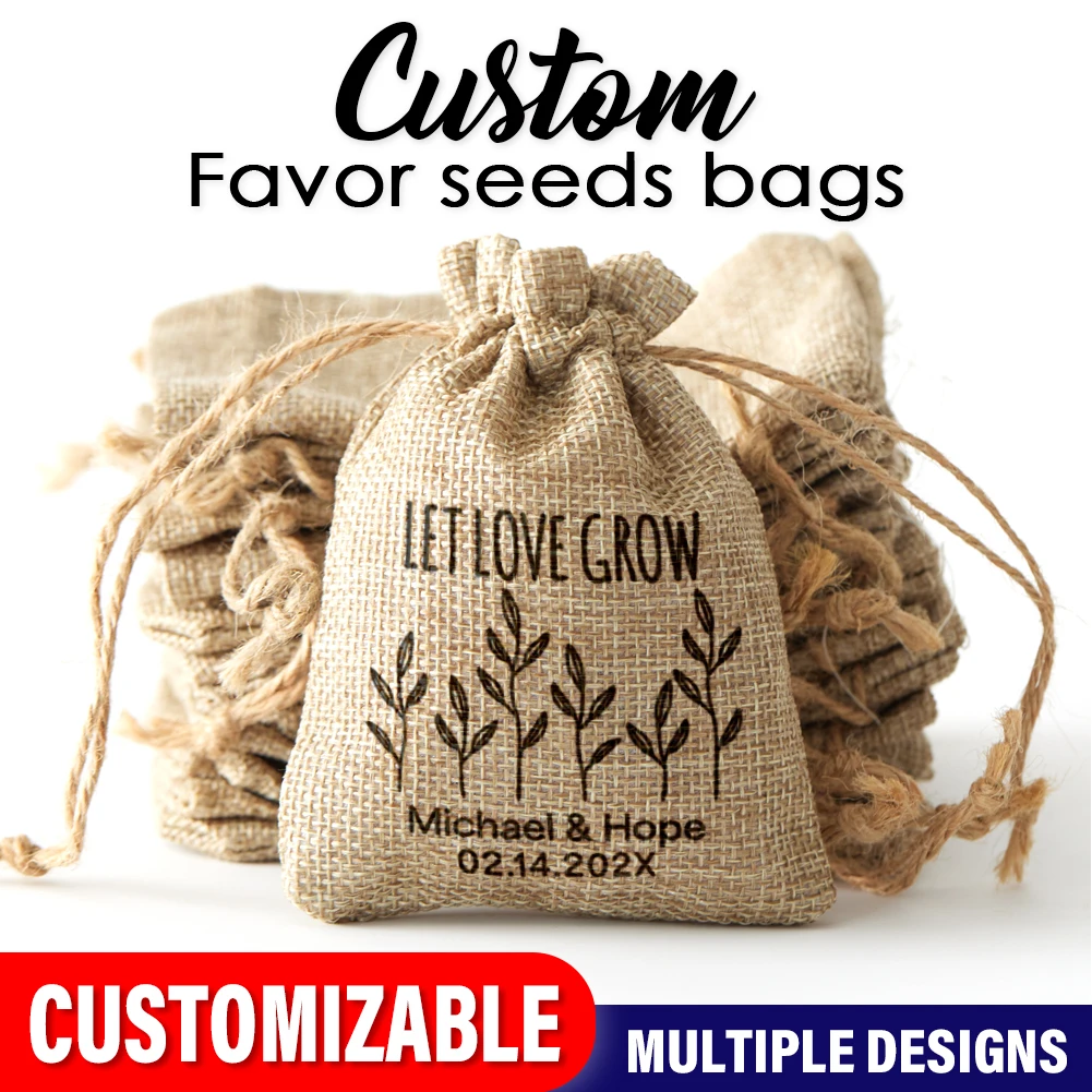 25PCS-Personalized Burlap Wedding Favor Bags with Let Love Grow Gift Pouches for Weddings Parties Events-Guest seeds favor bag