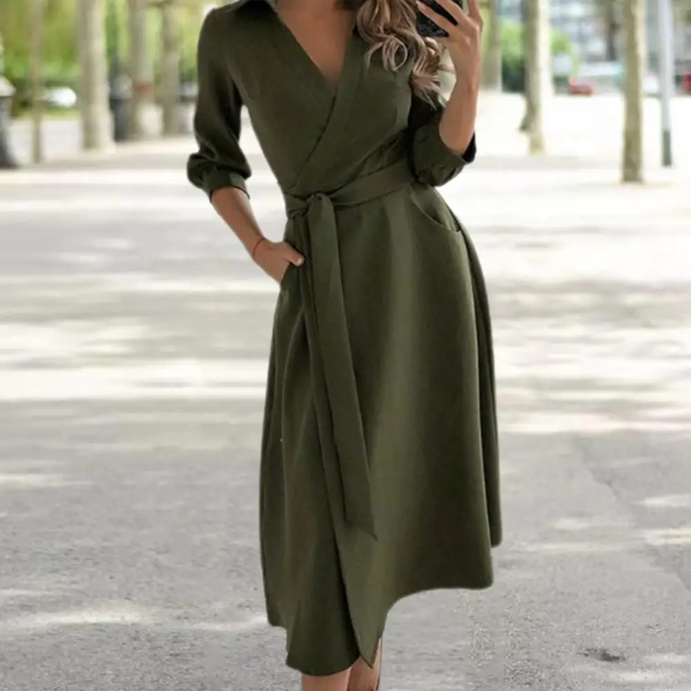 

Fall Spring Women Dress A-line Big Swing Belted Tight High Waist Dress Long Sleeve Mid-calf Length Party Prom Midi Dress