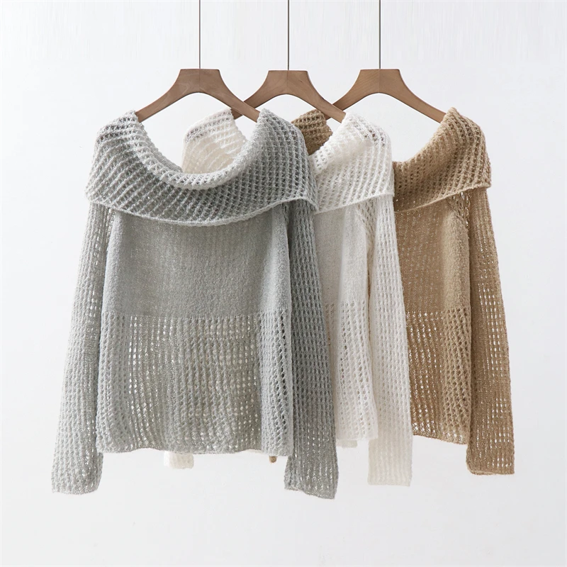 

Silver silk mohair thin style spring and autumn off shoulder straight neck women's hollowed out loose outer sweater sweater top