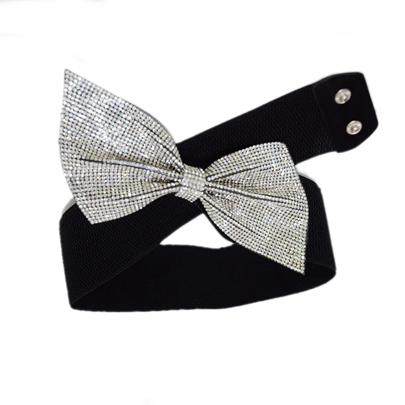 New Rhinestone Bow Stretch Ladies Fashion Width Girdle Simple Black Elastic Belt Match Dress Coat Women Accessories Waistband