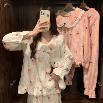 Cartoon Women Pyjamas Warm Flannel Sleepwear Pajama Sets Girl Pijama Set Suit Pant Home…