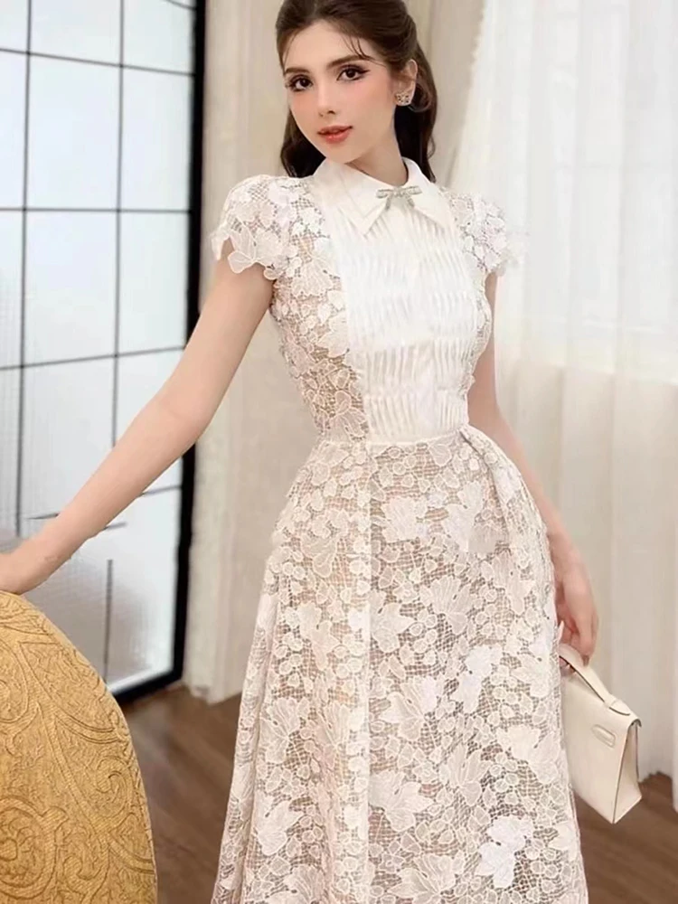 DEAT Elegant Dress 3D Flower Lace Embroidery High Waist Pleated Women\'s Evening Party Dresses 2024 Summer New Fashion 35Z866