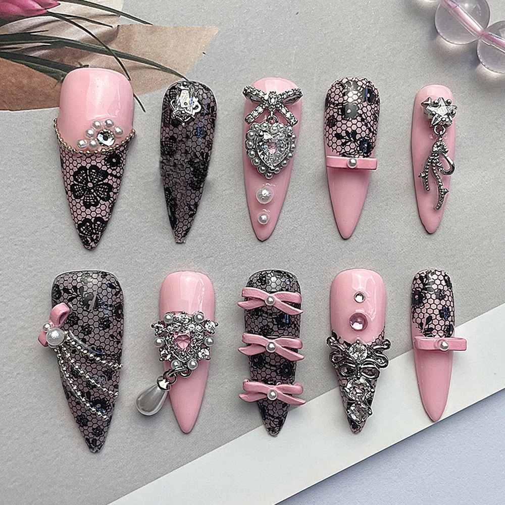 

Spicy Girl Style Handmade Full Cover Long Stiletto Coffin Fake Nails Metal Bow Diamond False Nail Jadeite Bracelet Manicure Set